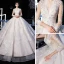 Illusion Champagne Transparentes Robe De Mariée 2020 Robe Boule V-Cou 3/4 Manches Dos Nu Appliques En Dentelle Perlage Cathedral Train Volants
