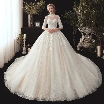 Vintage Originale Champagne Transparentes Robe De Mariée 2020 Robe Boule Col Haut 3 4 Manches Dos Nu Glitter Tulle Appliques En Dentelle Perlage Chapel Train Volants