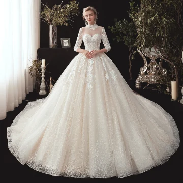 Vintage Retro Champagne See Through Wedding Dresses 2020 Ball Gown High Neck 3 4 Sleeve Backless Glitter Tulle Appliques Lace Beading Chapel Train Ruffle
