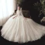 Vintage / Retro Champagne See-through Wedding Dresses 2020 Ball Gown High Neck 3/4 Sleeve Backless Glitter Tulle Appliques Lace Beading Chapel Train Ruffle