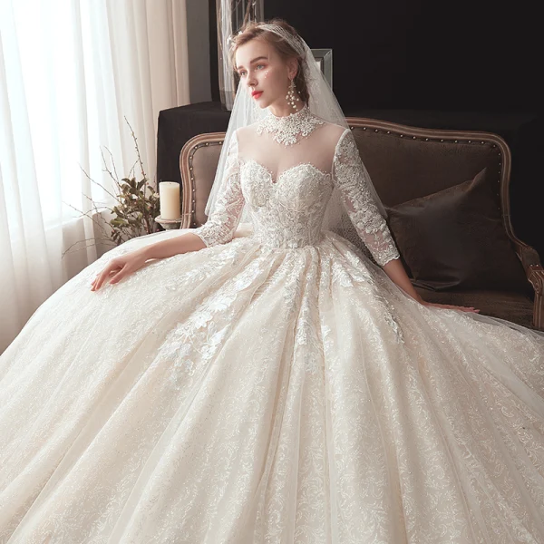 Vintage / Retro Champagne See-through Wedding Dresses 2020 Ball Gown High Neck 3/4 Sleeve Backless Glitter Tulle Appliques Lace Beading Chapel Train Ruffle
