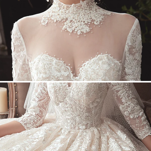 Vintage / Retro Champagne See-through Wedding Dresses 2020 Ball Gown High Neck 3/4 Sleeve Backless Glitter Tulle Appliques Lace Beading Chapel Train Ruffle