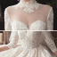 Vintage / Retro Champagne See-through Wedding Dresses 2020 Ball Gown High Neck 3/4 Sleeve Backless Glitter Tulle Appliques Lace Beading Chapel Train Ruffle