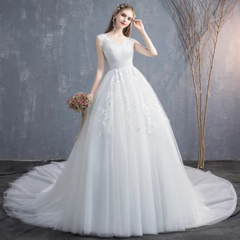 Affordable Ivory Wedding Dresses 2019 Empire V Neck Sleeveless Backless Appliques Lace Chapel Train Ruffle