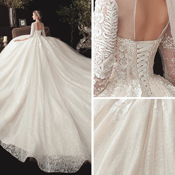 Vintage / Retro Champagne See-through Wedding Dresses 2020 Ball Gown High Neck 3/4 Sleeve Backless Glitter Tulle Appliques Lace Beading Chapel Train Ruffle