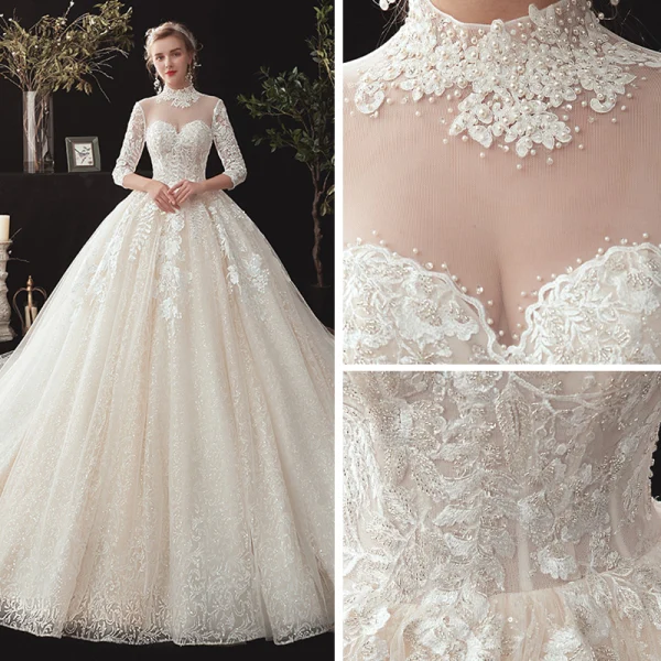 Vintage / Retro Champagne See-through Wedding Dresses 2020 Ball Gown High Neck 3/4 Sleeve Backless Glitter Tulle Appliques Lace Beading Chapel Train Ruffle