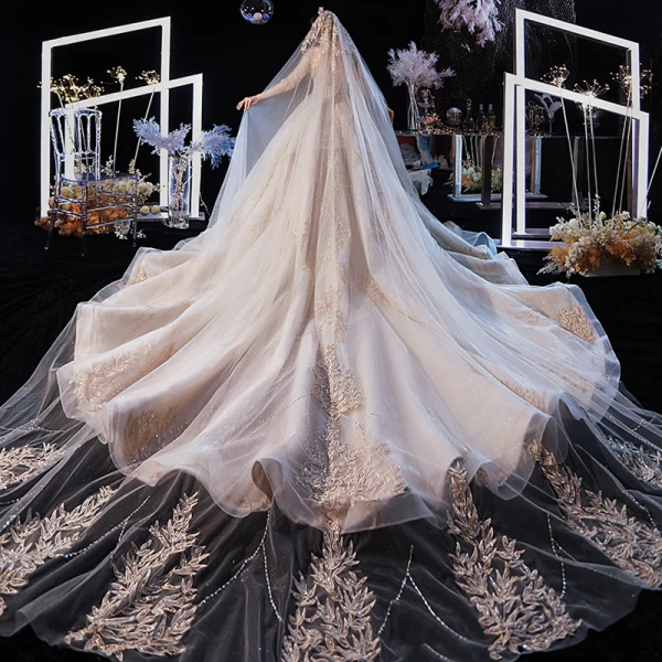 Luxe Champagne Robe De Mariée 2020 Robe Boule Transparentes Encolure Dégagée 3/4 Manches Dos Nu Glitter Tulle Appliques En Dentelle Perlage Cathedral Train Volants