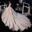 Luxe Champagne Robe De Mariée 2020 Robe Boule Transparentes Encolure Dégagée 3/4 Manches Dos Nu Glitter Tulle Appliques En Dentelle Perlage Cathedral Train Volants