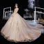Luxe Champagne Robe De Mariée 2020 Robe Boule Transparentes Encolure Dégagée 3/4 Manches Dos Nu Glitter Tulle Appliques En Dentelle Perlage Cathedral Train Volants