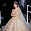 Luxe Champagne Robe De Mariée 2020 Robe Boule Transparentes Encolure Dégagée 3/4 Manches Dos Nu Glitter Tulle Appliques En Dentelle Perlage Cathedral Train Volants