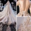 Luxe Champagne Robe De Mariée 2020 Robe Boule Transparentes Encolure Dégagée 3/4 Manches Dos Nu Glitter Tulle Appliques En Dentelle Perlage Cathedral Train Volants