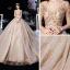 Luxe Champagne Robe De Mariée 2020 Robe Boule Transparentes Encolure Dégagée 3/4 Manches Dos Nu Glitter Tulle Appliques En Dentelle Perlage Cathedral Train Volants