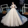 Victorian Style Champagne See-through Wedding Dresses 2020 Ball Gown High Neck Puffy Long Sleeve Backless Glitter Tulle Appliques Lace Beading Cathedral Train Ruffle