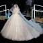 Style Victorien Champagne Transparentes Robe De Mariée 2020 Robe Boule Col Haut Gonflée Manches Longues Dos Nu Glitter Tulle Appliques En Dentelle Perlage Cathedral Train Volants