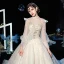Style Victorien Champagne Transparentes Robe De Mariée 2020 Robe Boule Col Haut Gonflée Manches Longues Dos Nu Glitter Tulle Appliques En Dentelle Perlage Cathedral Train Volants