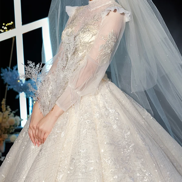Style Victorien Champagne Transparentes Robe De Mariée 2020 Robe Boule Col Haut Gonflée Manches Longues Dos Nu Glitter Tulle Appliques En Dentelle Perlage Cathedral Train Volants