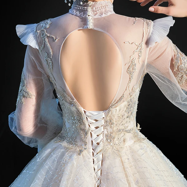 Style Victorien Champagne Transparentes Robe De Mariée 2020 Robe Boule Col Haut Gonflée Manches Longues Dos Nu Glitter Tulle Appliques En Dentelle Perlage Cathedral Train Volants