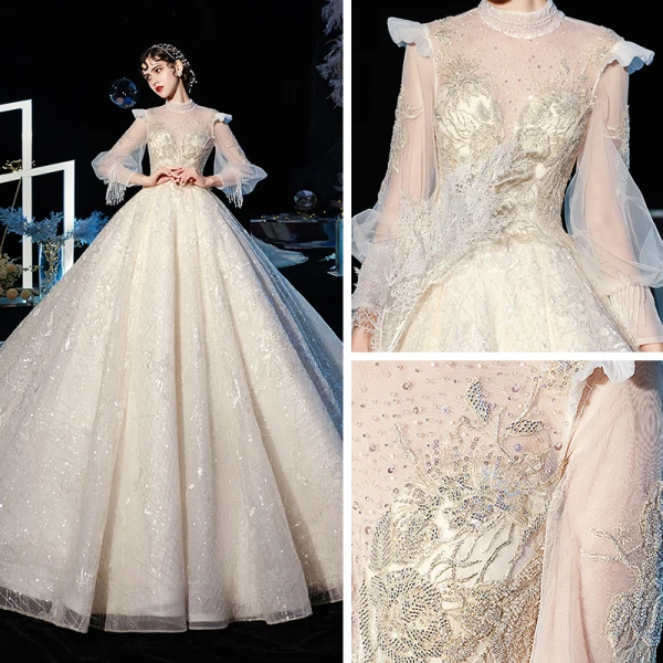 Style Victorien Champagne Transparentes Robe De Mariée 2020 Robe Boule Col Haut Gonflée Manches Longues Dos Nu Glitter Tulle Appliques En Dentelle Perlage Cathedral Train Volants