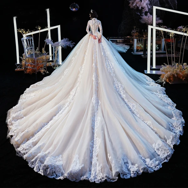 Vintage / Retro Champagne Wedding Dresses 2020 Ball Gown High Neck 3/4 Sleeve Pierced Appliques Lace Glitter Tulle Cathedral Train