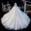 Vintage / Retro Champagne Wedding Dresses 2020 Ball Gown High Neck 3/4 Sleeve Pierced Appliques Lace Glitter Tulle Cathedral Train