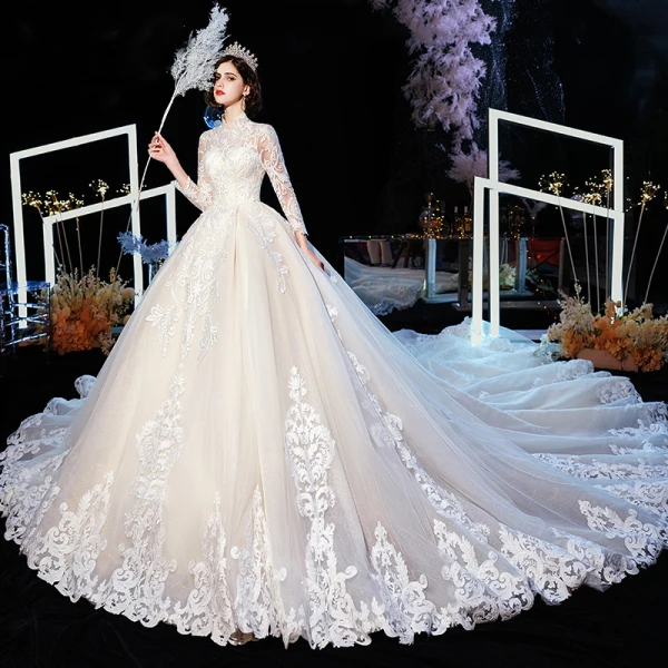 Vintage / Retro Champagne Wedding Dresses 2020 Ball Gown High Neck 3/4 Sleeve Pierced Appliques Lace Glitter Tulle Cathedral Train