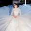 Vintage / Retro Champagne Wedding Dresses 2020 Ball Gown High Neck 3/4 Sleeve Pierced Appliques Lace Glitter Tulle Cathedral Train