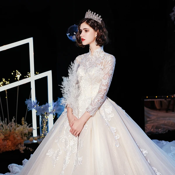 Vintage / Retro Champagne Wedding Dresses 2020 Ball Gown High Neck 3/4 Sleeve Pierced Appliques Lace Glitter Tulle Cathedral Train