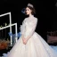Vintage / Retro Champagne Wedding Dresses 2020 Ball Gown High Neck 3/4 Sleeve Pierced Appliques Lace Glitter Tulle Cathedral Train
