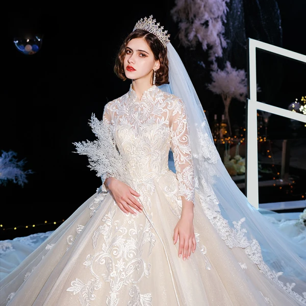Vintage / Retro Champagne Wedding Dresses 2020 Ball Gown High Neck 3/4 Sleeve Pierced Appliques Lace Glitter Tulle Cathedral Train