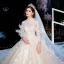 Vintage / Retro Champagne Wedding Dresses 2020 Ball Gown High Neck 3/4 Sleeve Pierced Appliques Lace Glitter Tulle Cathedral Train