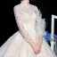 Vintage / Retro Champagne Wedding Dresses 2020 Ball Gown High Neck 3/4 Sleeve Pierced Appliques Lace Glitter Tulle Cathedral Train