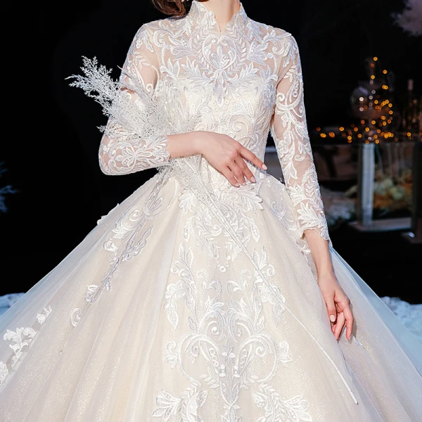 Vintage / Retro Champagne Wedding Dresses 2020 Ball Gown High Neck 3/4 Sleeve Pierced Appliques Lace Glitter Tulle Cathedral Train
