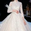 Vintage / Retro Champagne Wedding Dresses 2020 Ball Gown High Neck 3/4 Sleeve Pierced Appliques Lace Glitter Tulle Cathedral Train