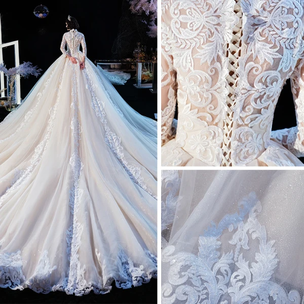 Vintage / Retro Champagne Wedding Dresses 2020 Ball Gown High Neck 3/4 Sleeve Pierced Appliques Lace Glitter Tulle Cathedral Train