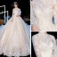 Vintage / Retro Champagne Wedding Dresses 2020 Ball Gown High Neck 3/4 Sleeve Pierced Appliques Lace Glitter Tulle Cathedral Train