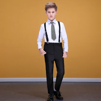 Affordable White Shirt Black Braces Pants Boys Wedding Suits 2020