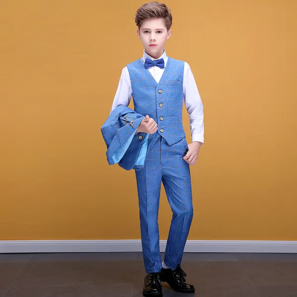 Modest / Simple Pool Blue Checked Boys Wedding Suits 2020 Coat Pants Shirt Tie Vest