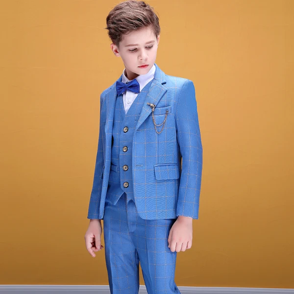 Modest / Simple Pool Blue Checked Boys Wedding Suits 2020 Coat Pants Shirt Tie Vest