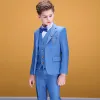 Modest / Simple Pool Blue Checked Boys Wedding Suits 2020 Coat Pants Shirt Tie Vest
