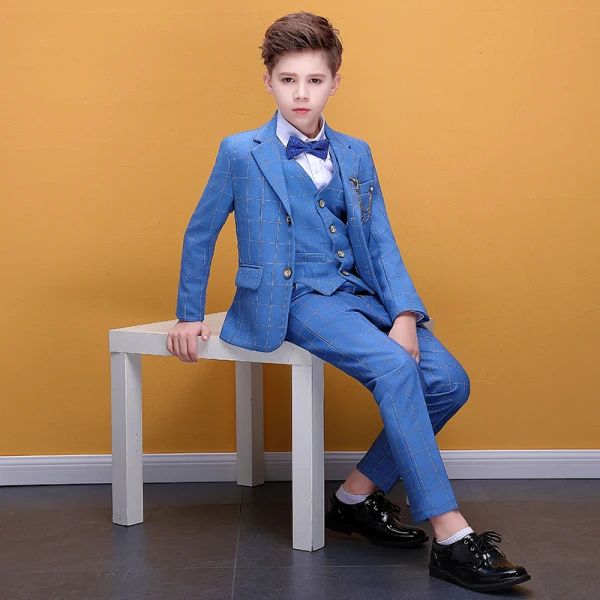 Modest / Simple Pool Blue Checked Boys Wedding Suits 2020 Coat Pants Shirt Tie Vest