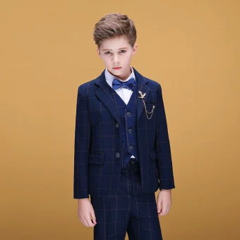 Navy Blue Checked Boys Wedding Suits 2020