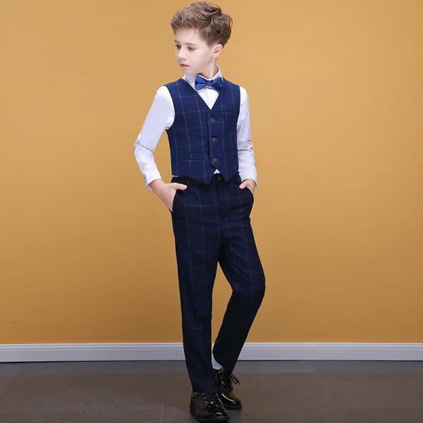 Navy Blue Checked Boys Wedding Suits 2020
