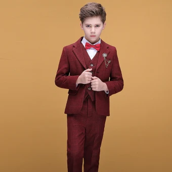 Fashion Burgundy Checked Boys Wedding Suits 2020
