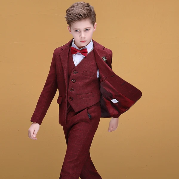 Mode Bordeaux à carreaux Costumes De Mariage pour garçons 2020