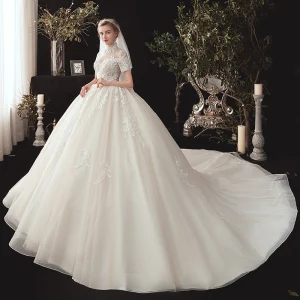 Vintage Champagne Genomskinliga Bröllopsklänningar 2020 Balklänning Hög Hals Korta Ärm Halterneck Glittriga Glitter Tyll Appliqués Spets Beading Chapel Train Ruffle