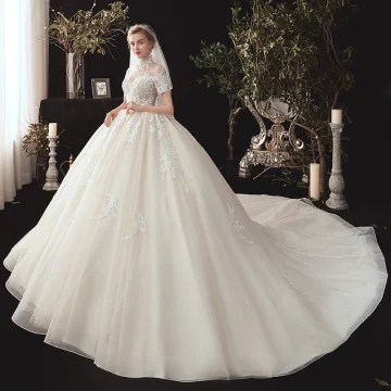 Vintage Retro Champagne See Through Wedding Dresses 2020 Ball Gown High Neck Short Sleeve Backless Glitter Tulle Appliques Lace Beading Chapel Train Ruffle
