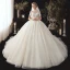 Vintage / Originale Champagne Transparentes Robe De Mariée 2020 Robe Boule Col Haut Manches Courtes Dos Nu Glitter Tulle Appliques En Dentelle Perlage Chapel Train Volants