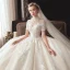 Vintage / Originale Champagne Transparentes Robe De Mariée 2020 Robe Boule Col Haut Manches Courtes Dos Nu Glitter Tulle Appliques En Dentelle Perlage Chapel Train Volants