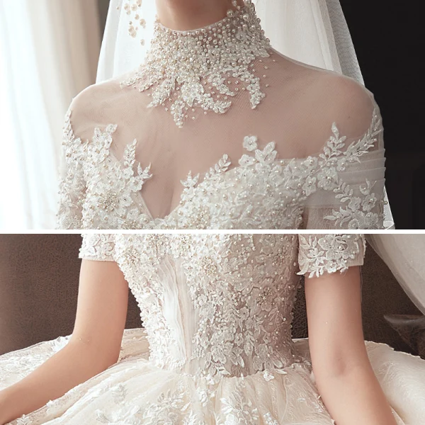 Vintage / Originale Champagne Transparentes Robe De Mariée 2020 Robe Boule Col Haut Manches Courtes Dos Nu Glitter Tulle Appliques En Dentelle Perlage Chapel Train Volants
