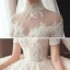 Vintage / Originale Champagne Transparentes Robe De Mariée 2020 Robe Boule Col Haut Manches Courtes Dos Nu Glitter Tulle Appliques En Dentelle Perlage Chapel Train Volants